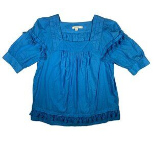 Chicos‎ Womens Blue Tassel-Trim Cotton Blouse Size 1 US/8 Square Neck 3/4 Sleeve